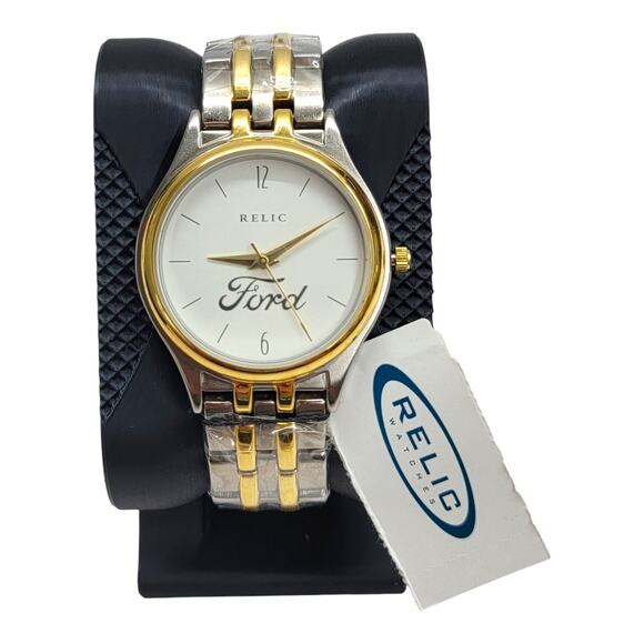 Men NWT Relic PR6059 Mens Two Tone Watch Ford Logo White Dial Stainless Steel